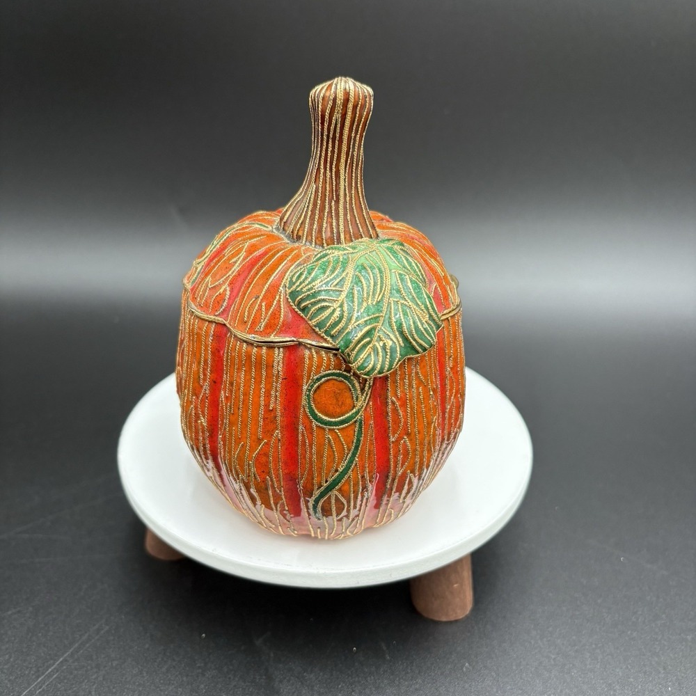 Vtg Enameled Metal Cloisonne Pumpkin Trinket Box Jewelry Box Container Lidded